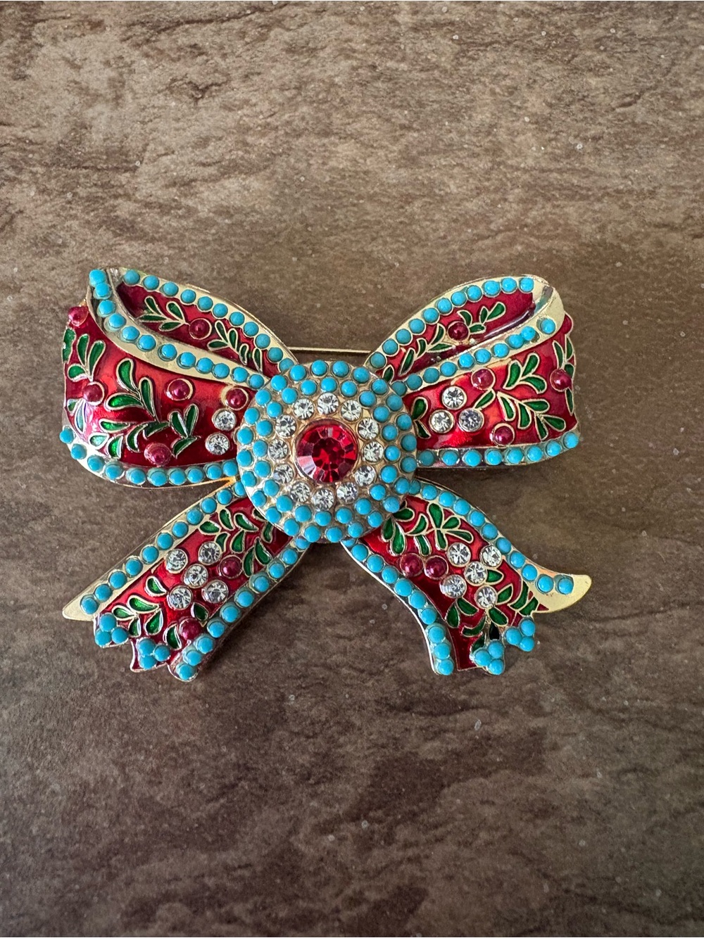Red and Turquoise Crystal Bow Brooch - Women's Jewelry